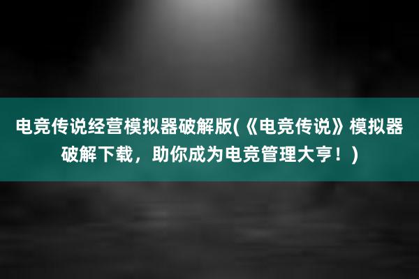 电竞传说经营模拟器破解版(《电竞传说》模拟器破解下载，助你成为电竞管理大亨！)